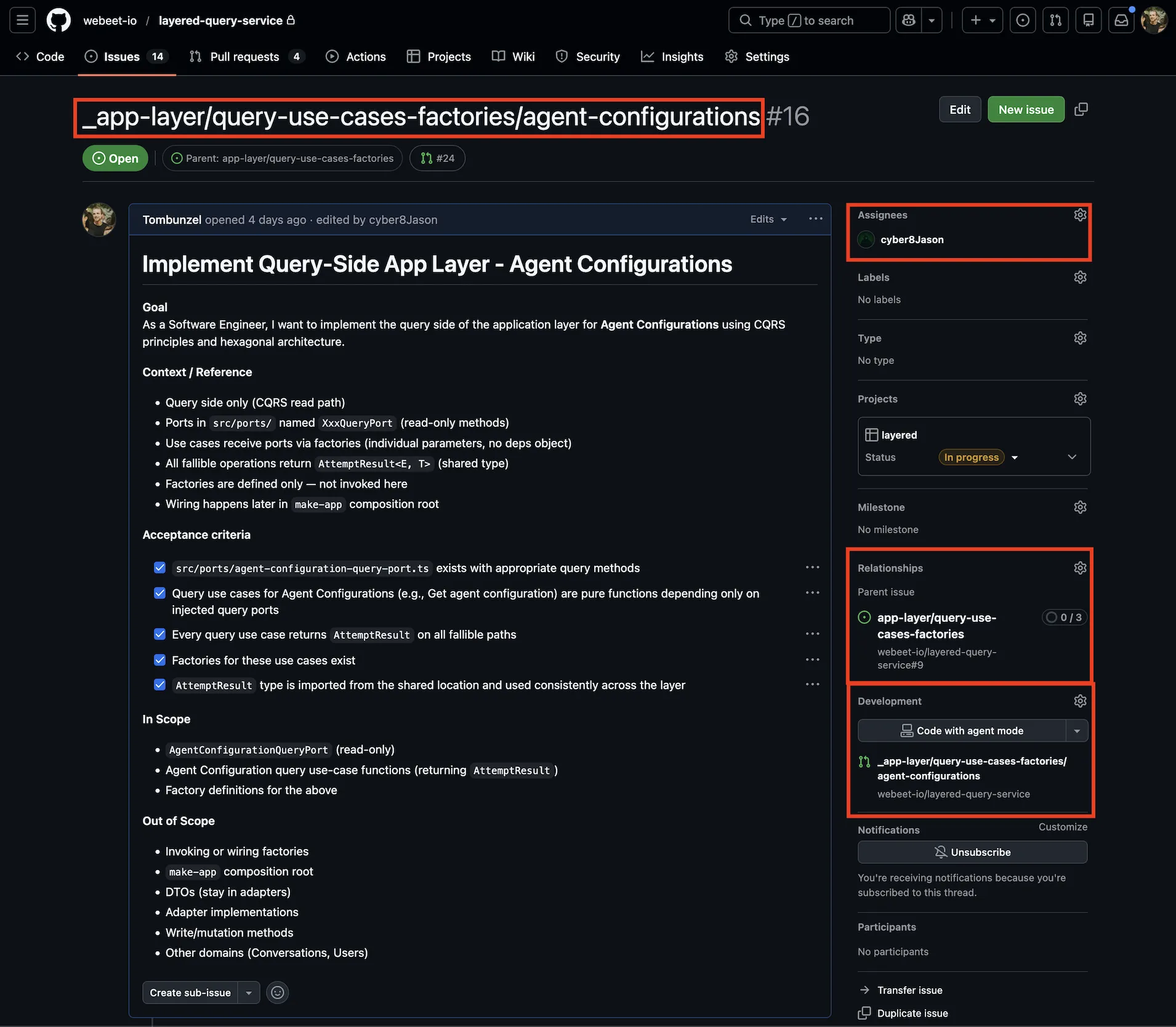 Screenshot of an assigned Sub-Branch Issue on GitHub